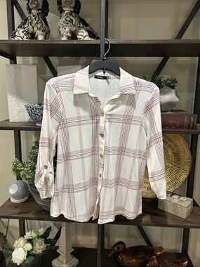 Cure Collared Button-Front Plaid Shirt - White with Pink Stripes xl